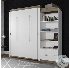 Orion White And Walnut Grey 94" Queen Murphy Bed And Shelving Unit With Drawers
