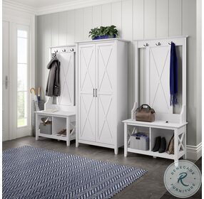 Key West Pure White Oak Entryway Storage Set with Hall Tree Shoe Bench and Tall Cabinet
