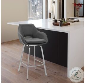 Aura Gray Faux Leather And Brushed Stainless Steel 26" Swivel Counter Height Stool