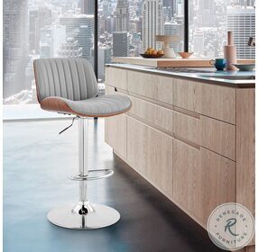 Brock Gray Faux Leather And Walnut Wood Adjustable Bar Stool With Chrome Base