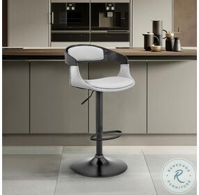 Benson Gray Faux Leather And Black Wood Adjustable Bar Stool with Black Base