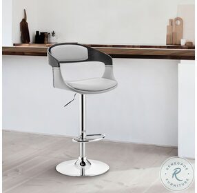 Benson Gray Faux Leather And Black Wood Adjustable Bar Stool with Chrome Base