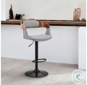 Benson Gray Faux Leather And Walnut Wood Adjustable Bar Stool with Black Base