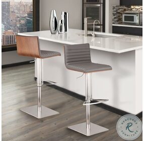 Cafe Gray Faux Leather And Walnut Wood Adjustable Swivel Bar Stool with Brushed Stainless Steel Base