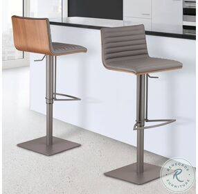 Cafe Gray Faux Leather And Walnut Wood Adjustable Swivel Bar Stool with Grey Metal Base