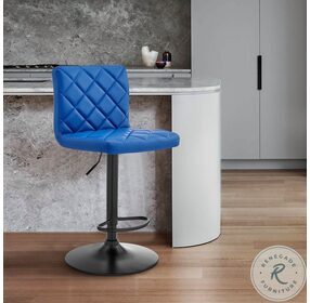Duval Blue Faux Leather And Matte Black Adjustable Swivel Bar Stool