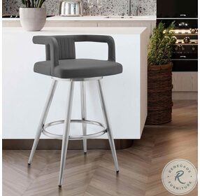 Gabriele Gray Faux Leather And Brushed Stainless Steel 26" Swivel Counter Height Stool