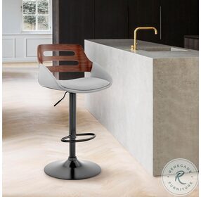 Karter Gray Faux Leather And Walnut Wood Adjustable Bar Stool With Black Base