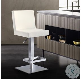 Legacy White Faux Leather And Brushed Stainless Steel Adjustable Swivel Bar Stool