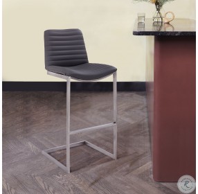 Lucas Brushed Stainless Steel And Grey Faux Leather 30" Bar Stool