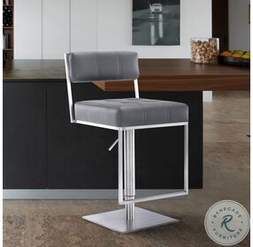 Michele Grey Faux Leather And Brushed Stainless Steel Adjustable Swivel Bar Stool