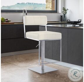 Michele White Faux Leather And Brushed Stainless Steel Adjustable Swivel Bar Stool