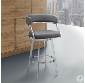 Saturn Brushed Stainless Steel And Grey Faux Leather 30" Bar Stool