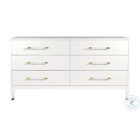 Maren Lacquered White Linen With Antique Brass And Acrylic 6 Drawer Dresser Chest