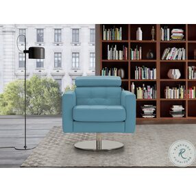 Milo Blue Leather Swivel Accent Chair with Adjustable Headrest
