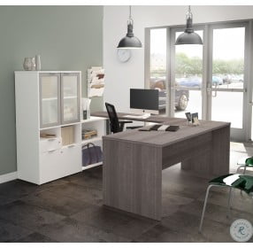 I3 Plus Bark Gray and White U Desk with Frosted Glass Door Hutch