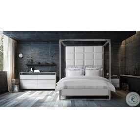 State St Satin And Glossy White Box Tufted King Metal Canopy Bed