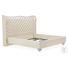 Hollywood Swank Creamy Pearl Wingback Queen Upholstered Poster Bed
