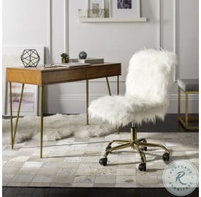 Whitney White Faux Sheepskin Gold Leg Adjustable Swivel Office Chair