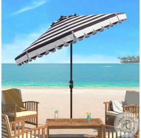 Maui Black and White Single Scallop Striped Crank Push Button Tilt Outdoor Umbrella