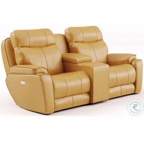 Show Stopper Caramel Reclining Console Loveseat with Power Headrest and Hidden Cupholders