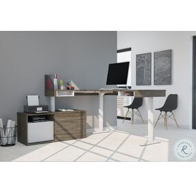 Pro Vega Walnut Grey And White 81" L Shaped Adjustable Standing Desk With Credenza