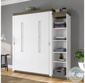 Orion White And Walnut Grey 84" Queen Murphy Bed With Narrow Shelving Unit