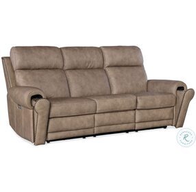 Duncan Light Brown Leather Power Reclining Sofa with Power Headrest And Lumbar