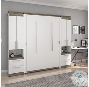 Orion White And Walnut Grey 98" Full Murphy Bed And 2 Storage Cabinets With Pull Out Shelves