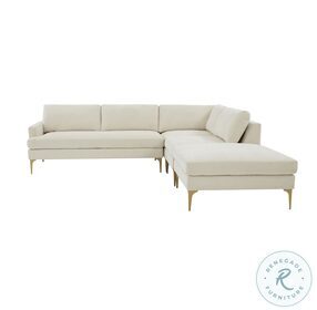 Serena Cream Velvet Large RAF Chaise Sectional with Brass Legs