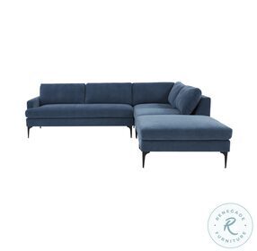 Serena Blue Velvet Large RAF Chaise Sectional with Black Legs