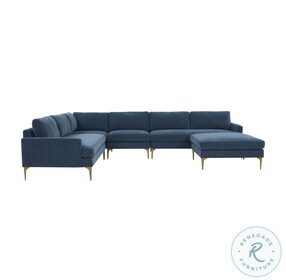 Serena Blue Velvet Large Chaise Sectional with Brass Legs