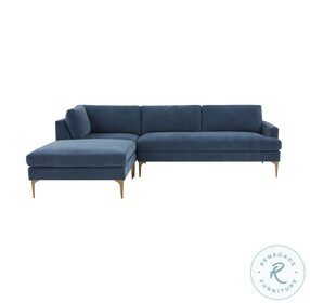 Serena Blue Velvet LAF Chaise Sectional with Brass Legs