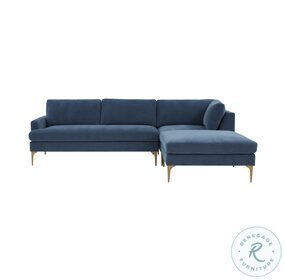 Serena Blue Velvet RAF Chaise Sectional with Brass Legs