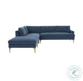 Serena Blue Velvet Large LAF Chaise Sectional with Brass Legs