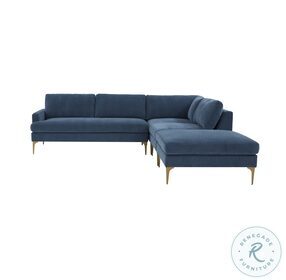 Serena Blue Velvet Large RAF Chaise Sectional with Brass Legs