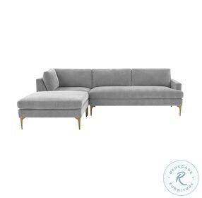 Serena Gray Velvet LAF Chaise Sectional with Brass Legs