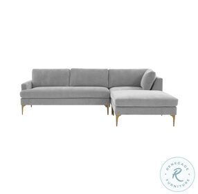 Serena Gray Velvet RAF Chaise Sectional with Brass Legs