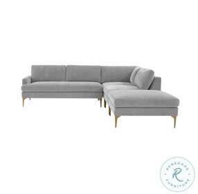 Serena Gray Velvet Large RAF Chaise Sectional with Brass Legs