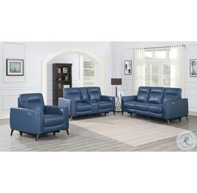 Sansa Ocean Blue Leather Power Reclining Console Loveseat with Power Headrest And Footrest