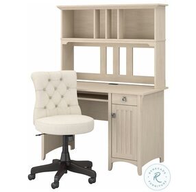 Salinas Antique White 48" Computer Desk with Hutch and Mid Back Tufted Office Chair