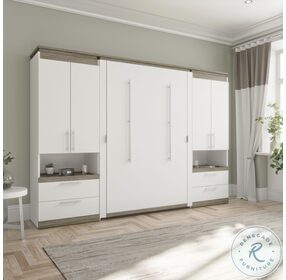 Orion White And Walnut Grey 118" Full Murphy Bed And 2 Storage Cabinets With Pull Out Shelves