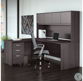 Studio C Storm Gray 72" Shaped Desk with Hutch Mobile File Cabinet and 42" Return