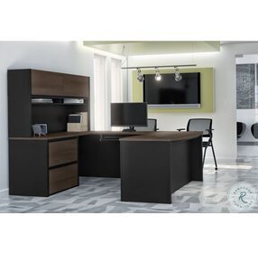 Connexion Antigua And Black 71" U Shaped Executive Desk With Lateral File Cabinet And Hutch