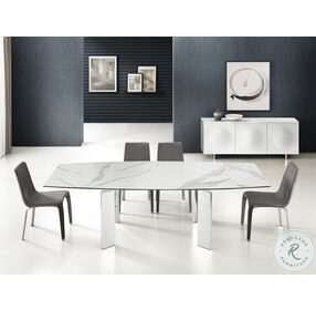 Astor White Marbled Porcelain Top And High Polished Stainless Steel 71" Extendable Dining Table