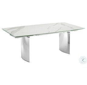 Allegra White Marbled And High Polished Stainless Steel Extendable Dining Room Set
