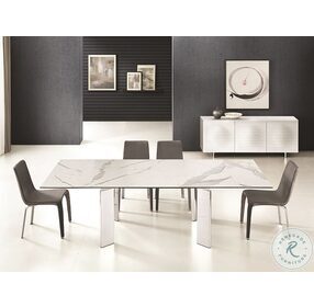 Astor White Marbled Porcelain Top And High Polished Stainless Steel Extendable Dining Table
