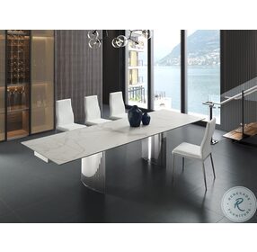 Allegra White Marbled Porcelain Top And High Polished Stainless Steel Extendable Dining Table