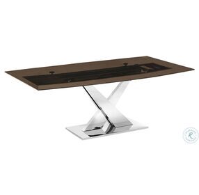 X Base Smoked Clear Brown And High Polished Stainless Steel Dining Table