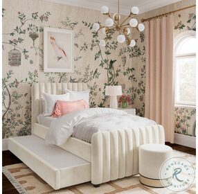 Angela Cream Twin Upholstered Panel Bed with Trundle